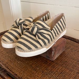 Vince Camuto Tratida Navy and Ivory Striped Espadrille Slip-On Shoes with Bow